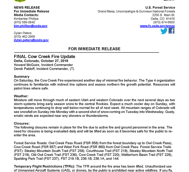 Cow Creek Fire 10/27/19 Final Update