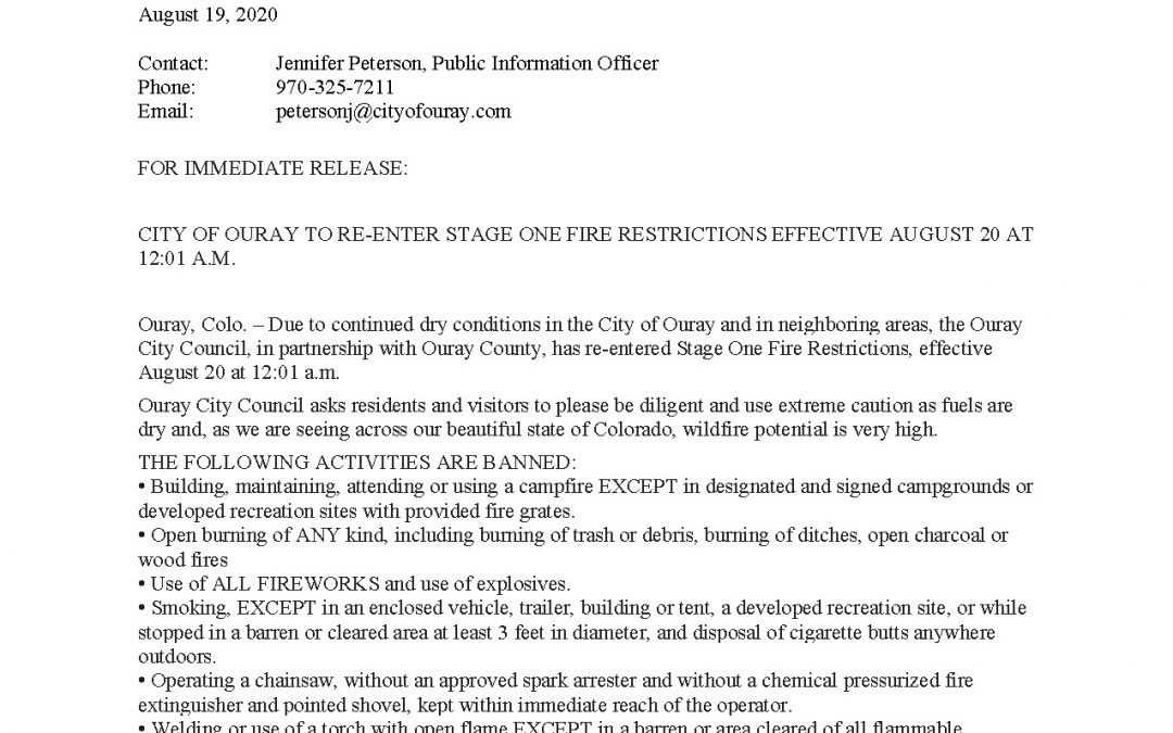 Ouray County Re-Enters Stage 1 Fire Restrictions August 20th