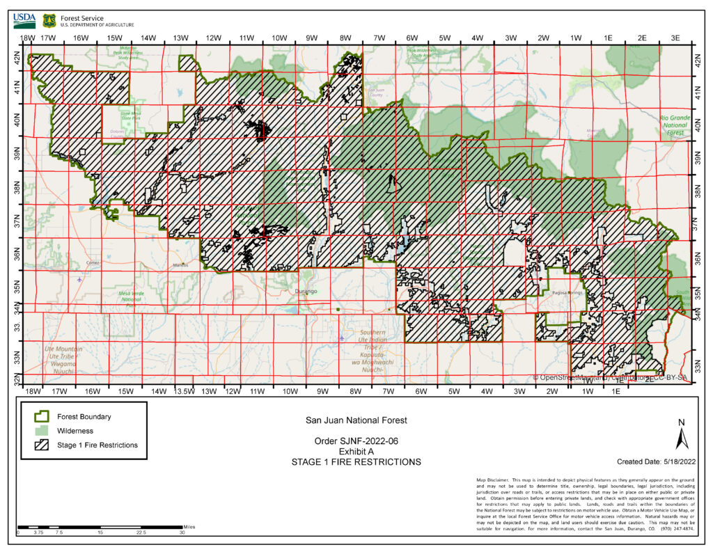 5/19/22 San Juan National Forest Stage 1 Fire Restrictions