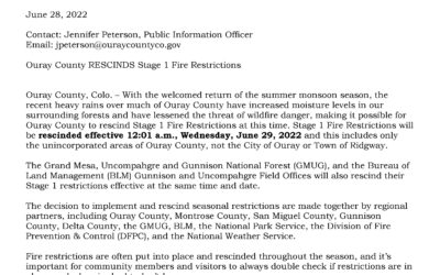 Ouray County RESCINDS Stage 1 Fire Restrictions