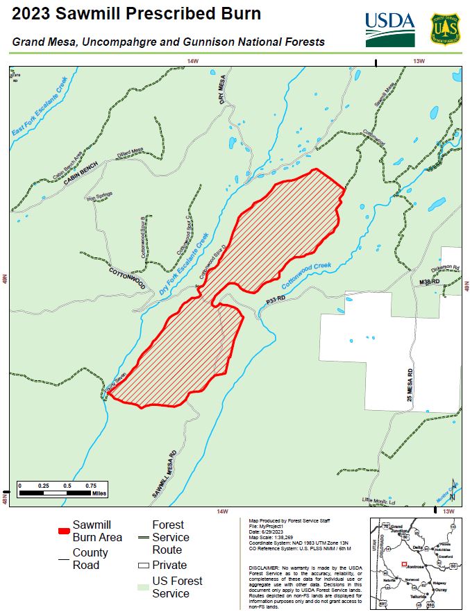 Map of the 25 Mesa and Sawmill Mesa Prescribed Burn for July 6, 2023