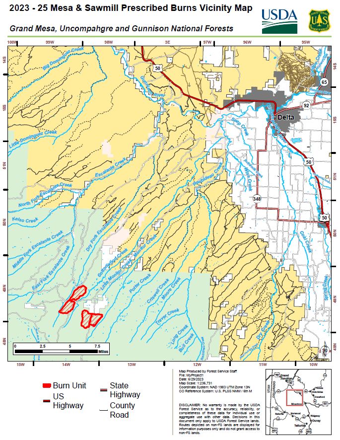 Map of the 25 Mesa and Sawmill Mesa Prescribed Burn for July 6, 2023
