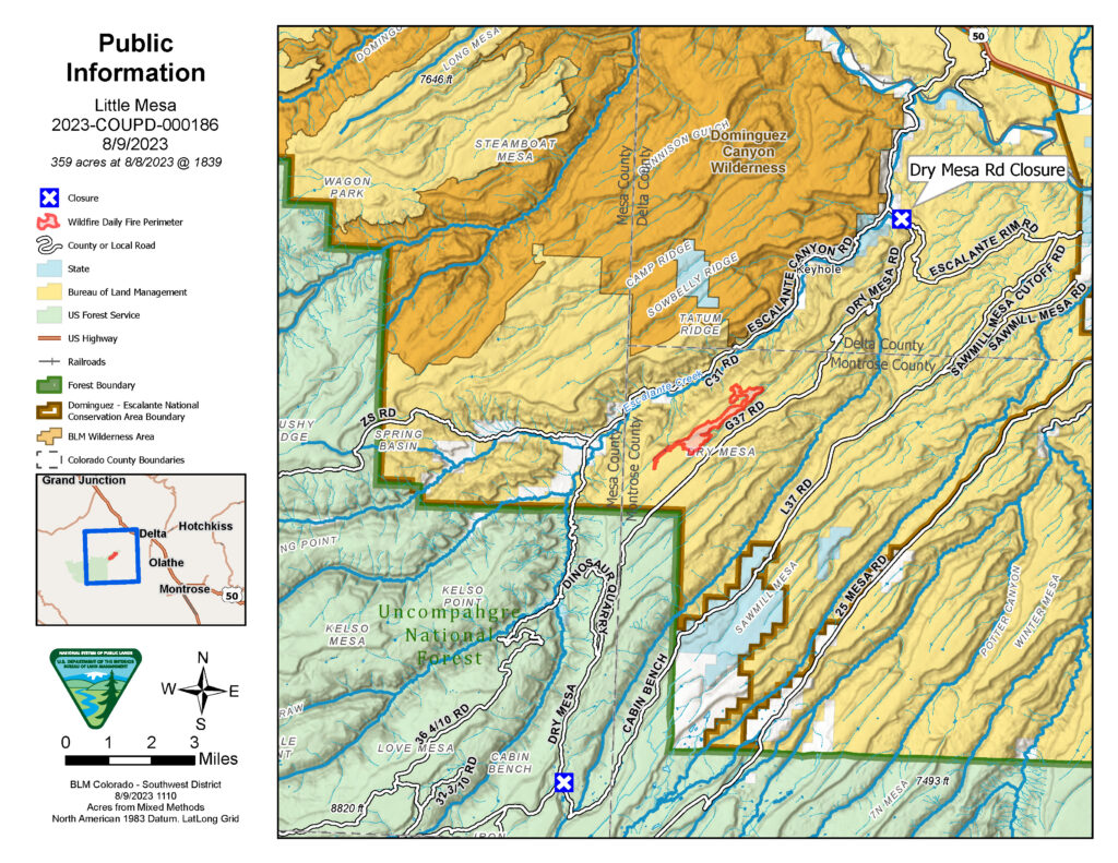 Map of Little Mesa Fire closures on August 9th, 2023