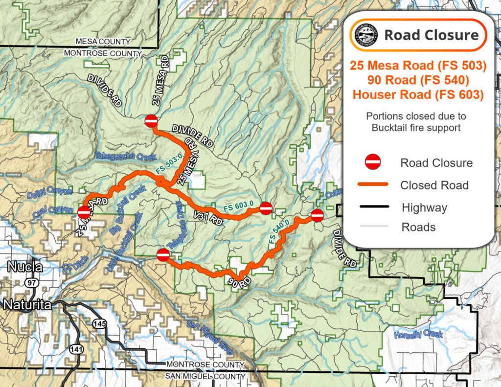 Map of 25 Mesa Road, 90 Road and Houser Road Closures due to Bucktail Fire