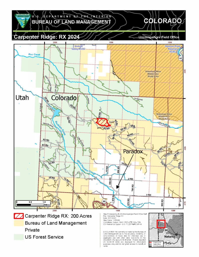 Map showing prescribed burn area on Carpenter Ridge