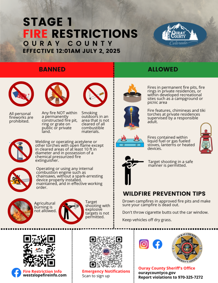 FOR IMMEDIATE RELEASE: Stage 1 Fire Restrictions Beginning in Ouray County