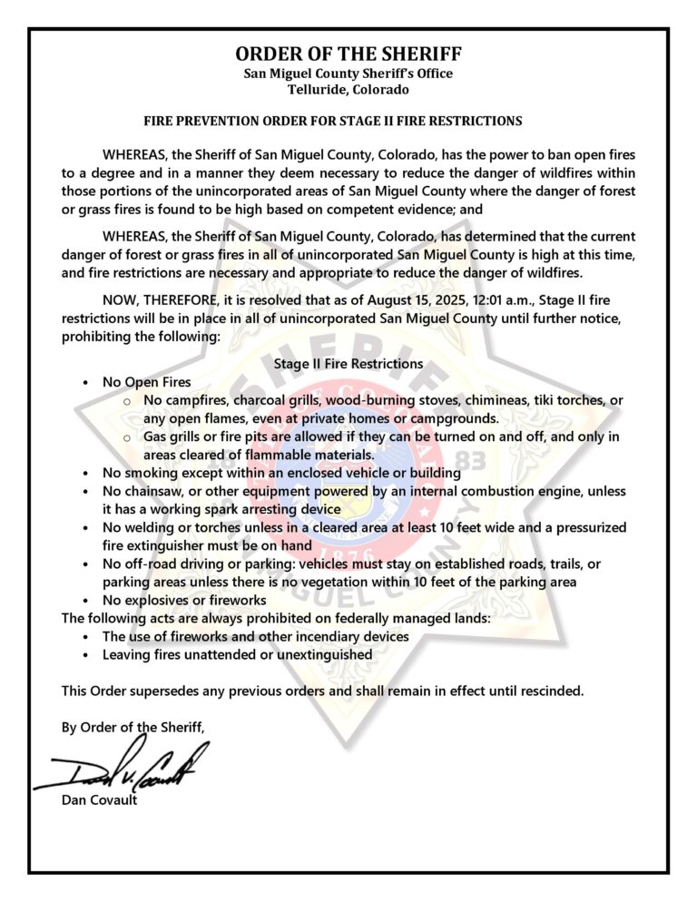 Stage 2 Fire Restrictions In Effect 8/15/25 for all unincorporated areas of san miguel county
