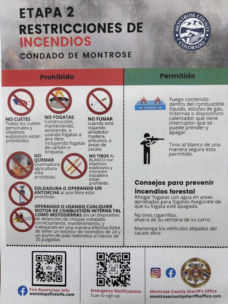 Etapa 2 Restricciones de Incendios Condado de Montrose